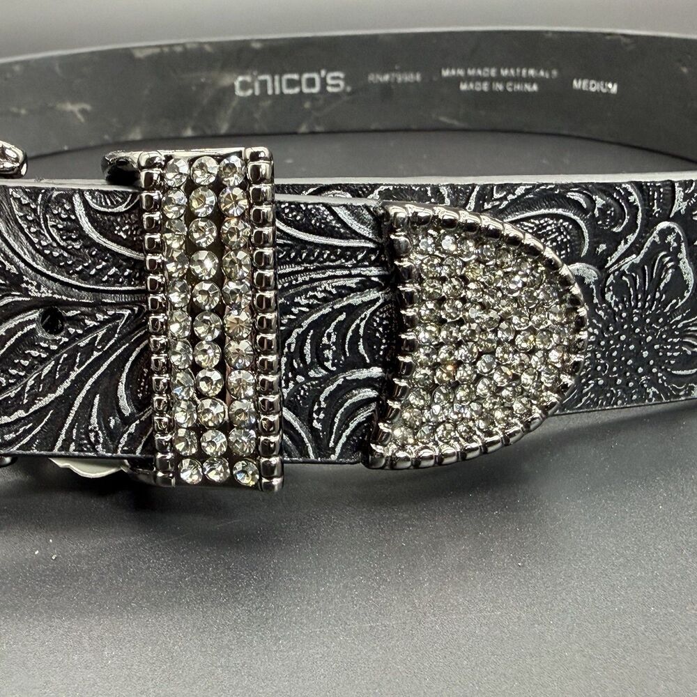 Chico's Women's M Black Floral Embossed Faux Leather Belt Rhinestone Buckle NWT - Picture 3 of 9